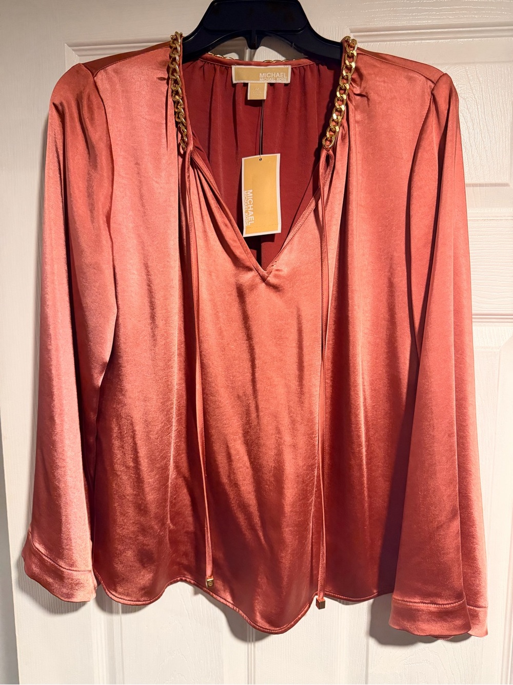 Michael Kors Rust pink Satin V-Neck Blouse with Gold Chain Trim